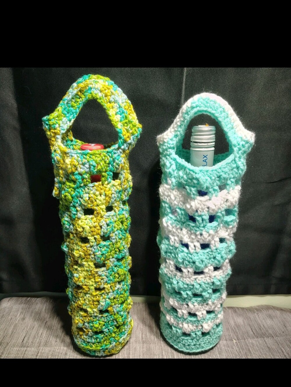 Handmade Crocheted Wine/Bottle Carrier - Mint & Multicolor, Perfect Gifts 12"